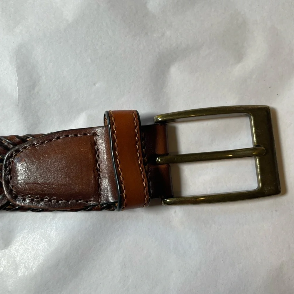 Vintage Braided Woven Brown Genuine Leather Belt Brass Square Buckle Mens Sz 38